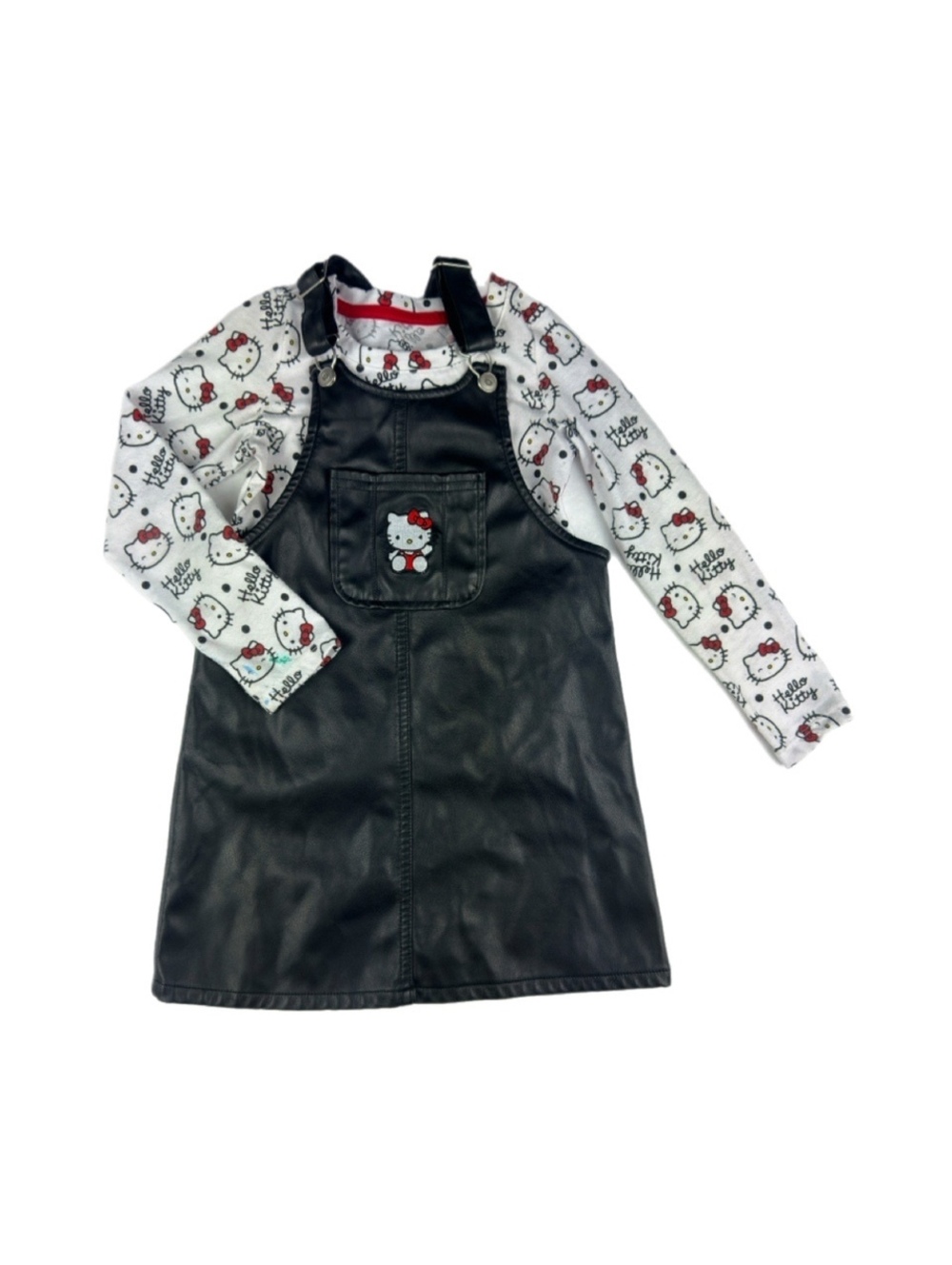 Hello Kitty Girls Black Faux Leather Overall Jumper Dress & Shirt Outfit